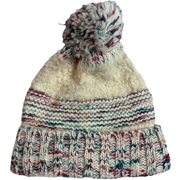 White Multicolor Acrylic Winter Hat With Pom Women's One Size - Picture 1 of 3